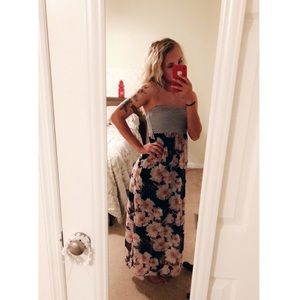 floral strapless maxi dress with stripes